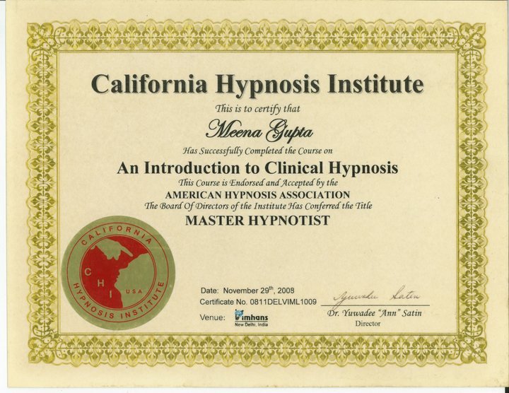 California Hypnosis Institute certificate of completion of the course An Introduction to Clinical Hypnosis, awarded to Meena Gupta, dated 29 November 2008.