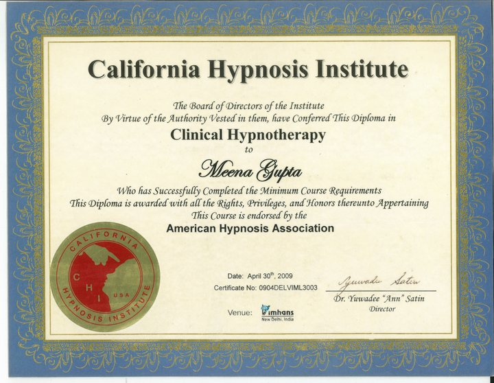 Diploma in Clinical Hypnotherapy awarded to Meena Gupta by the California Hypnosis Institute, dated 30 April 2009.