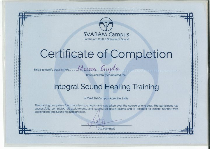 SVARAM Campus Certificate of Completion for Integral Sound Healing Training, awarded to Meena Gupta.