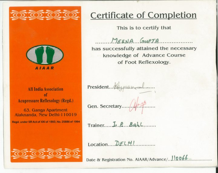 Certificate of Completion from the All India Association of Acupressure Reflexology for the Advance Course of Foot Reflexology, awarded to Meena Gupta.