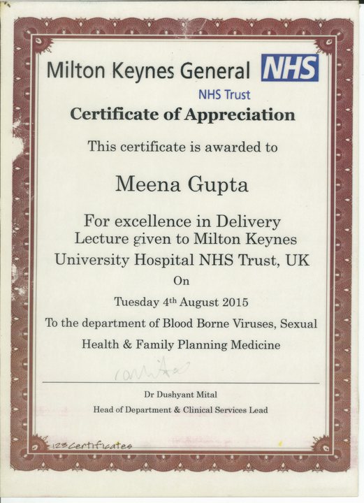 Milton Keynes General NHS Trust Certificate of Appreciation awarded to Meena Gupta for a lecture given on 4 August 2015.
