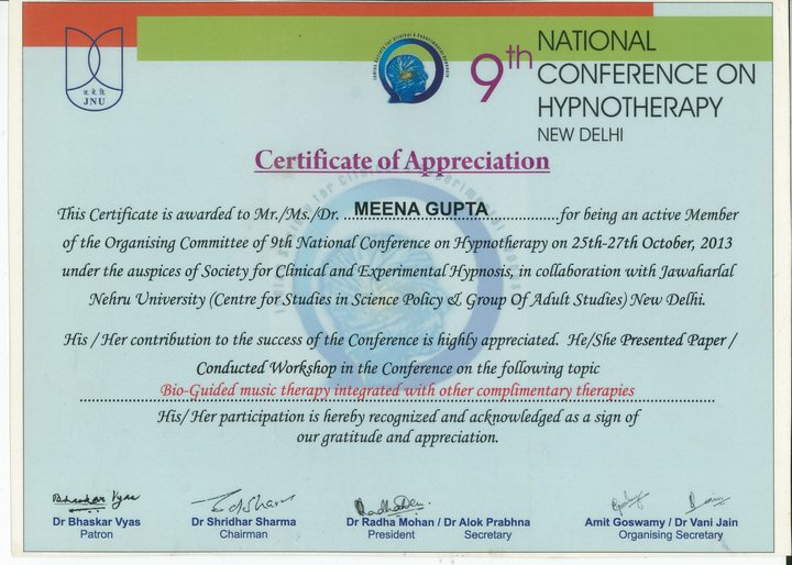 Certificate of Appreciation from the 9th National Conference on Hypnotherapy, New Delhi, 25 to 27 October 2013, awarded to Meena Gupta.